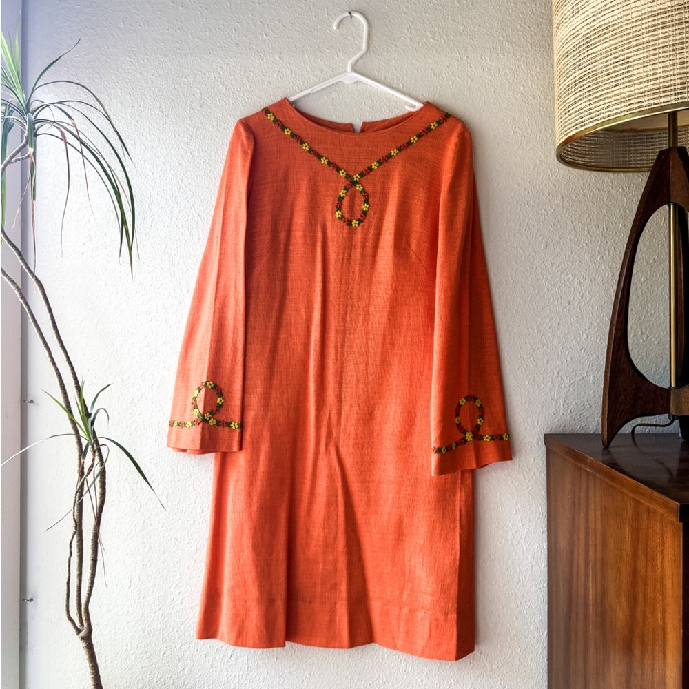 Bright Orange Flower Power 1960s-70s Embroidered Shift Dress with Bell Sleeves